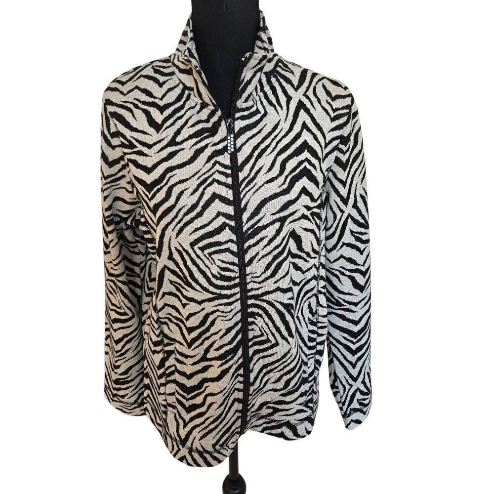 Onque Casuals Womens Zebra Print Zip Up Long Sleeve Cotton Blend Jacket Large